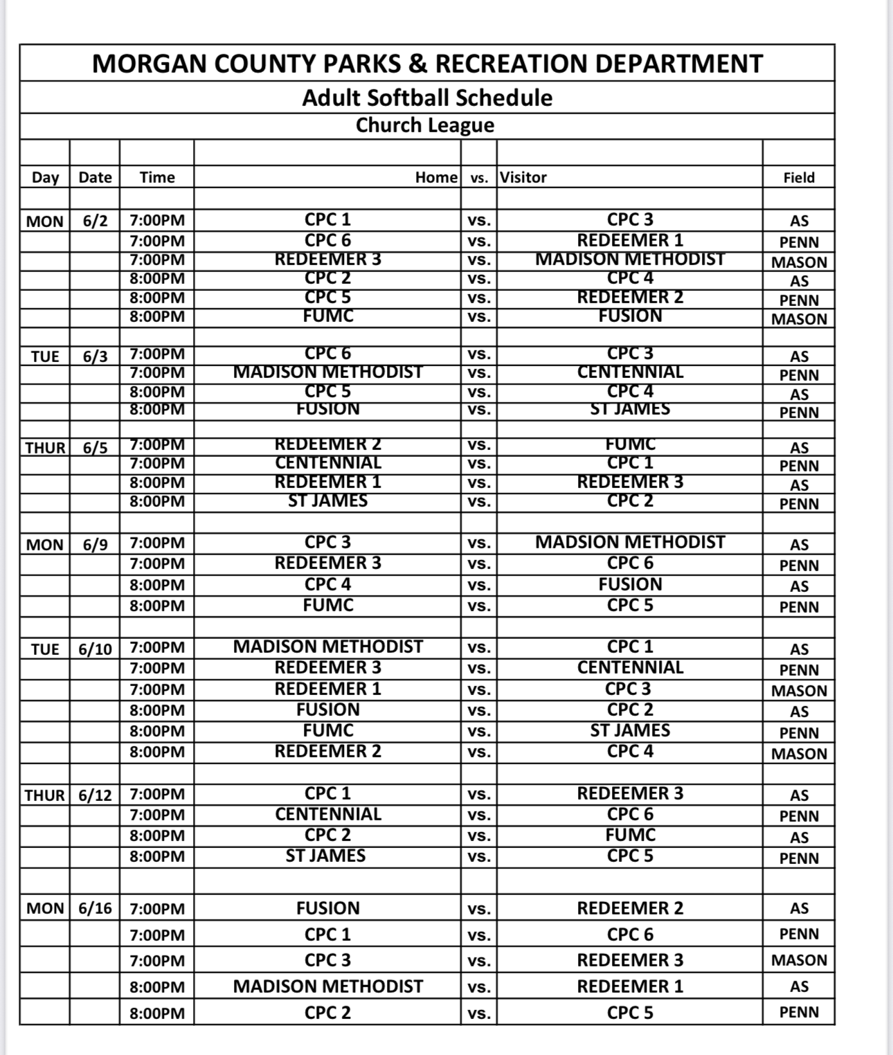softball schedule 1