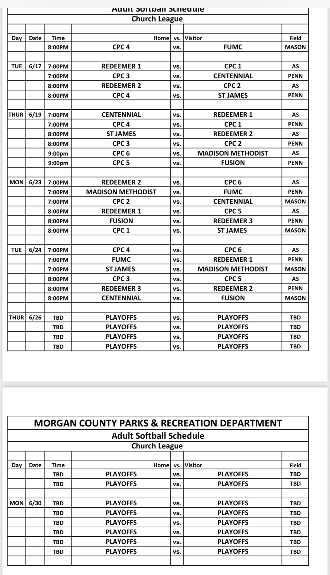 softball schedule 2